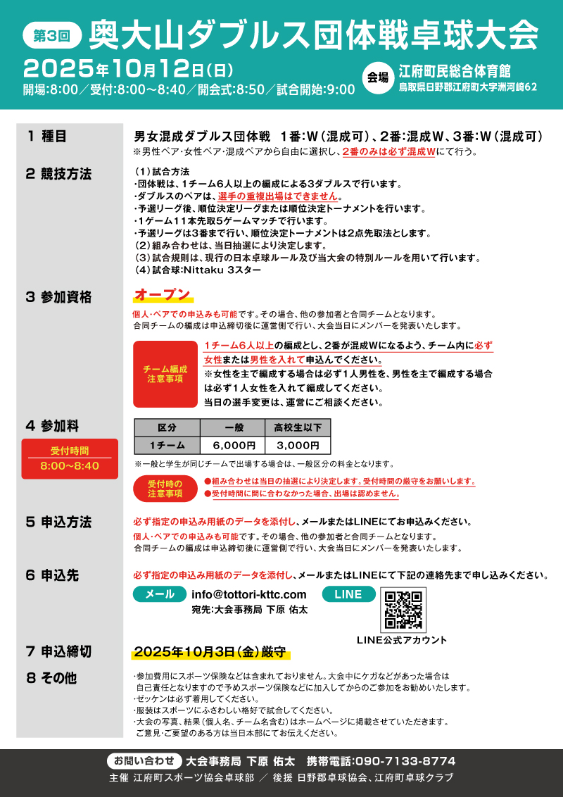第3回 奥大山ダブルス団体戦卓球大会